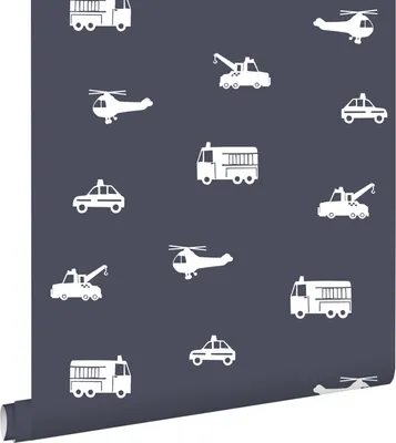 Immagine prodotto di ESTAhome carta da parati auto, camion dei pompieri, elicotteri e gru blu scuro 53 cm x 10.05 m