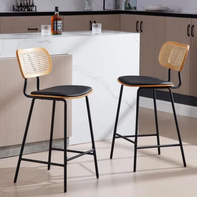 Immagine prodotto di Set di 2 sgabelli da bar, rattan, Similcuoio, gambe in metallo, colore nero