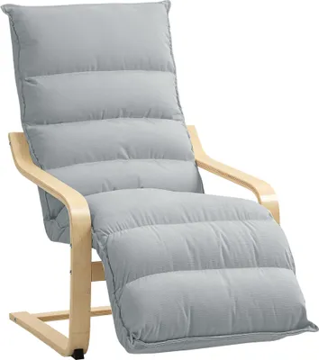 A light gray upholstered recliner chair with wooden armrests and frame, shown against a white background.
