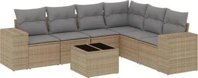 Produktbild von vidaXL 7-tlg. Garten-Sofagarnitur mit Kissen Beige Poly Rattan