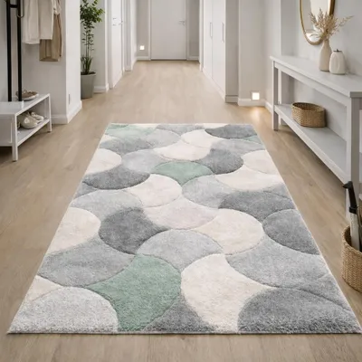 Produktbild von Designer Teppichläufer grau grün creme mit Konturstruktur Größe - 80 x 150 cm