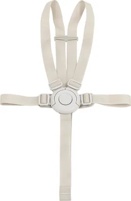 A beige safety harness for a child's seat, shown against a white background.
