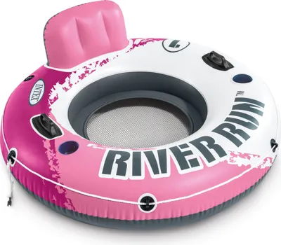 Produktbild von INTEX Schwimmring River Run 56824, 135 cm, bis 100 kg, Vinyl, Pink/Weiß/Grau, mit Netzboden, Rückenlehne, 2 Getränkehaltern, 2 Luftkammern, 2 Griffen, Griffseil, inkl. Reparaturflicken und Verbindungsstück, ab 14 Jahre