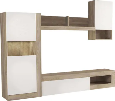 Immagine prodotto di Milani Home - parete attrezzata soggiorno con mobile porta TV e pensili, bianco e rovere, 248 x 42 x 200 cm