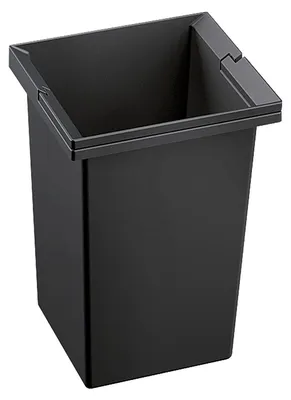 A black plastic waste bin with a grey rim.