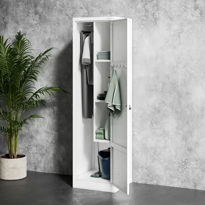 A white metal locker with two compartments, open and showing organized items like clothes, towels, and cleaning supplies, next to a potted plant against a textured gray wall.