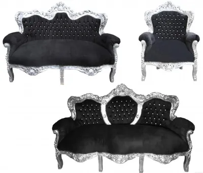 Produktbild von Casa Padrino Barock Wohnzimmer Set "King" Schwarz / Silber - 3-er Sofa + 2-er Sofa + 1 Sessel