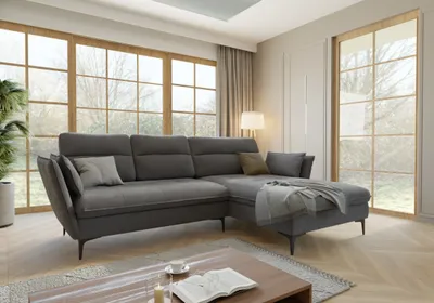 Produktbild von Ecksofa Egon mit Schlaffunktion und Bettkasten aus Grau Samt-Stoff mit hohen schwarzen Metallfüßen, B/T/H: 260 cm/ 168 cm / 91 cm, Ottomane rechts