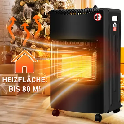 Produktbild von Ikodm Gasofen Keramik 4200 Watt mit 3 Stufen, Sauerstoffmangelsicherung, Gasschlauch & Regler, 5 Rollen, inkl. 2 EU-Adaptern