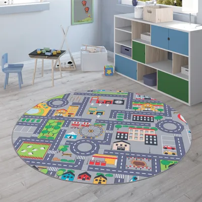 Immagine prodotto di Tappeto per bambini Tappeto rotondo Grigio Camera dei bambini Tappeto da gioco Tappeto strada Moderno Dimensioni 160 cm Rotondo