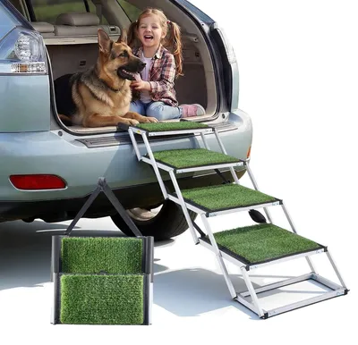 Image de VEVOR : escalier pliable pour chien à 4 marches, rampe extra-large pour grands chiens avec surface antidérapante, aide à l'accès portable pour voiture, SUV, camion, lit surélevé, canapé, capacité de charge jusqu'à 90 kg