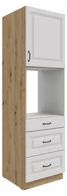 Produktbild von Küchen Backofen Hochschrank 60 cm mit Schubladen Stilo Weiss + Eiche Artisan Küchenzeile Küchenblock Einbauküche Landhaus Küche
