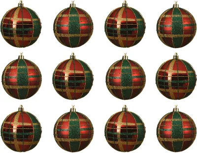 Produktbild von Weihnachtskugeln Kunststoff Schottenkaro 8cm weihnachtsrot, 12er Set