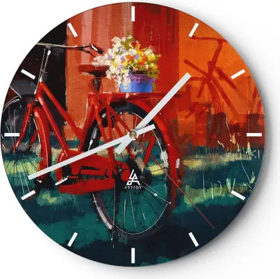 Produktbild von Wanduhr - Rund - Glasuhr - Fahrrad Blumen - 30x30cm - Schleichendes Uhrwerk - Lautlos - zum Aufhängen bereit - Dekoration Modern - Wanddekoration aus Glas - C3AR30x30-3712