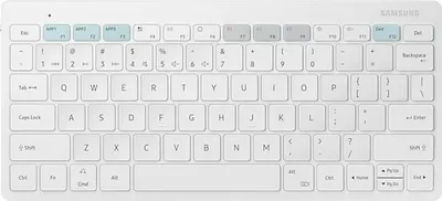A white Samsung Smart Keyboard Trio 500 is shown from a top-down perspective on a white background.