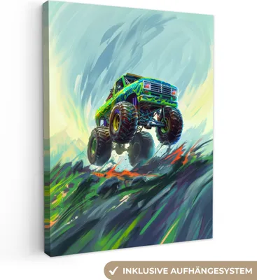 Produktbild von MuchoWow® - Leinwandbilder - Monstertruck - Auto - Jungen - Grün, Wandbild, Wanddeko Bilder Wohnzimmer, 60x80 cm