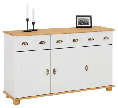 Produktbild von Apothekerkommode COLMAR, Weiß/Braun - Sideboard mit 3 Schubladen und 3 Türen, im Landhausstil, Kiefer Massivholz, Muschelgriffe aus Metall, ideal für Flur, Schlafzimmer oder Wohnzimmer