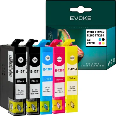 A set of four ink cartridges and their packaging.