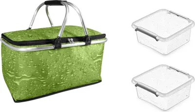 Produktbild von Einkaufskorb Kühltasche Kühlkorb Picknick Korb Isoliertasche Camping Picknickkoffer + 2 Vorratsdosen 1,15 Liter