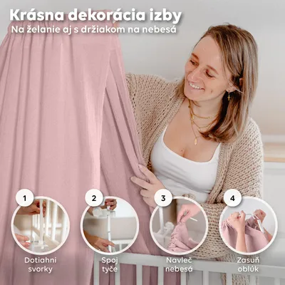 Obrázok produktu pre Nebesa na detskú postieľku púdrovoružové, bez držiaka – baldachýn z mušelínu