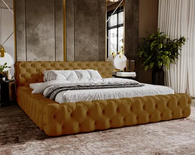 Obrázek produktu pro Čalouněná postel 180x200 Vigo – postel Chesterfield s velurovou látkou – glamour styl, úložný prostor, rošt – zlatá