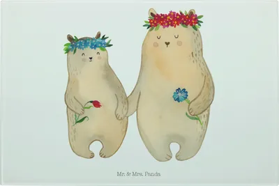 Produktbild von Mr. & Mrs. Panda Schneidebrett Bären mit Blumenkranz - Weiß - Geschenk, Kinder, Tochter, Muttertag, Vesperplatte, Servierplatte, Mama, Hackbrett, Glas, Family, Bär