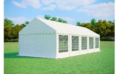 Produktbild von Partyzelt 4x10 m PREMIUM – PVC-Plane 500 g/m², flammhemmend, Bodenrahmen + Dachverstrebungen, bis 80 Personen - Weiß