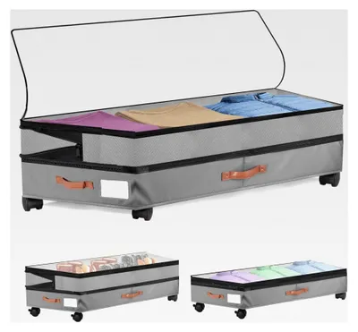 Produktbild von Unterbett Aufbewahrungsbox mit Rollen und Deckel 65-82L Metallrahmen Organizer Faltbare Unterbettbox für Kleidung Schuhe Decken Bettwäsche, Grau
