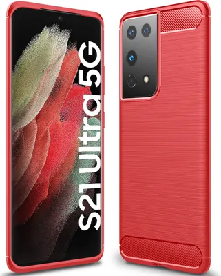 Image de Etui pour Samsung Galaxy S21 Ultra 5G, fibre de carbone, étui de protection antichoc en silicone TPU rouge