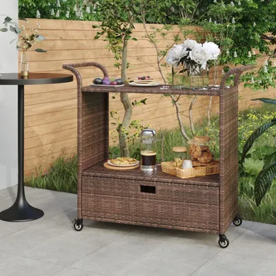 Image de Bar mobile Living Store avec tiroir, couleur marron, dimensions 100x45x97 cm, en polyrotin