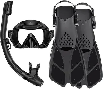 Produktbild von Erwachsenen-Snorkelset mit kurzen verstellbaren Flossen, Tauchmaske und Trockensnorkel