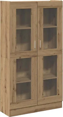 A wooden cabinet with glass doors.