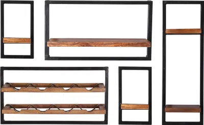 A set of five wall shelves with black metal frames and natural mango wood shelves, arranged against a white background.