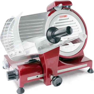 A red HENDI Aufschnittmaschine Profi Line 250 slicer is shown from a slight angle against a white background.
