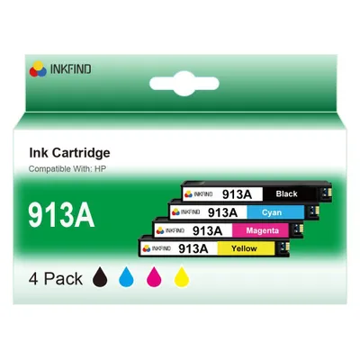 Produktbild von INKFIND 913A Tintenpatrone für HP913A 913A Multipack mit 4 Stück (1 x Schwarz, 1 x Cyan, 1 x Magenta, 1 x Gelb) passend für HP PageWide 352dw – 377dn