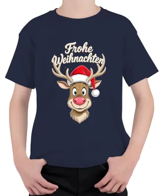 Produktbild von Frohe Weihnachten Rentier Niedlich Cartoon Weihnachtsmütze Lustig Kinder T-Shirt, Navy, 152