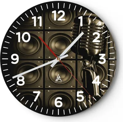 Produktbild von Wanduhr - Rund - Glasuhr - Mikrofon Retro Singen - 30x30cm - Schleichendes Uhrwerk - Lautlos - zum Aufhängen bereit - Dekoration Modern - Wanddekoration aus Glas - C4AR30x30-0306