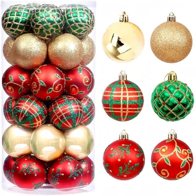 Weihnachtskugeln 30er Set, 6 cm, unzerbrechlich, Rot/Grün/Gold