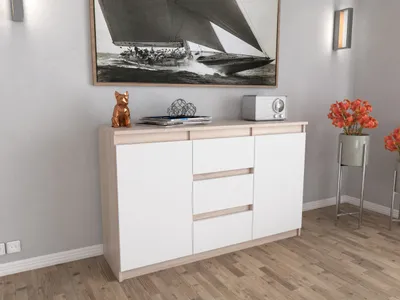 Zdjęcie produktu dla AZ team ® Duża Komoda z Szufladami SONOMA BIAŁA Szafka 120CM Bezuchwytowa do Salonu i Sypialni 2 drzwi 3 szuflady