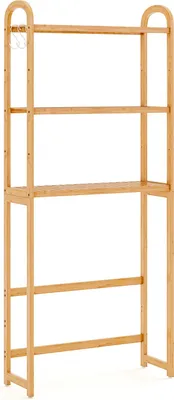 Produktbild von GOPLUS 3-stufiger Toilettenregal Bambus, Badezimmerregal mit verstellbaren Regalen und unteren Stangen, Waschmaschinenregal mit 3 Haken, Natur