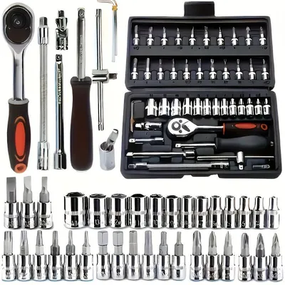 Produktbild von 46-tlg. Ratschen-Steckschlüsselsatz 1/4 Zoll mit Bits und Verlängerung, kompaktes Werkzeugset für Schraubarbeiten