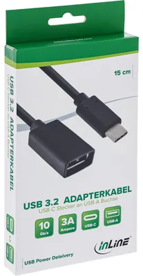 Produktbild von InLine USB 3.2 Gen.1x2 Adapterkabel, USB-C Stecker an A Buchse, 0,15m, 0,15 m, USB A, USB C, USB 3.2 Gen 2 (3.1 Gen 2), Stecker/Buchse, Schwarz