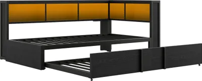 Produktbild von STILVORA Polsterbett 90x200cm mit Matratze Schlafsofa mit Ausziehbett Funktionbett mit LED-Beleuchtung und USB-Anschluss Stauraumbett mit Stauschränken, schwarz