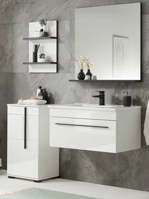 Produktbild von Badmöbel Set "Design-D" in weiß Hochglanz Badkombination mit Waschbecken 135 cm