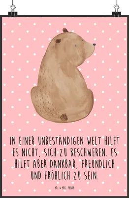 Produktbild von Mr. & Mrs. Panda Bild Bär Schulterblick DIN A2 - Rot Pastell - Geschenk, Motivation, drucke, Selbstachtung, wanddruck, Weisheit, Teddy, Wandbild, Bärenliebe, Plakat