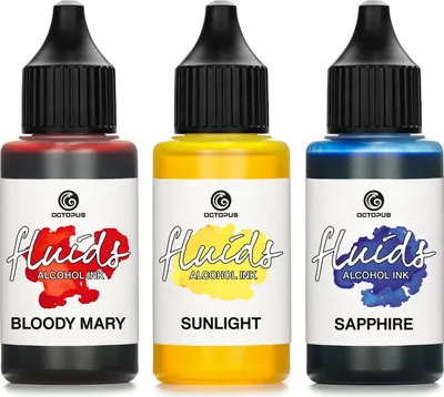 Zdjęcie produktu dla 3x 30ml Octopus Fluids Zestaw atramentów alkoholowych BLOODY MARY, SUNLIGHT, SAPPHIRE Atrament alkoholowy do fluid artu i żywicy