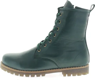 A side view of a green lace-up boot.