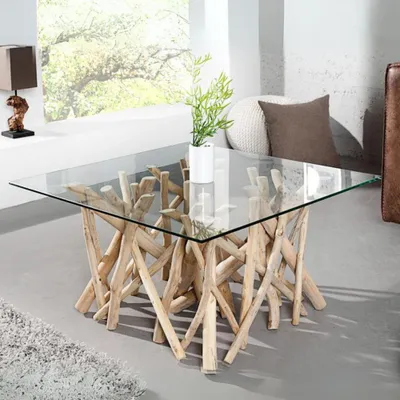 Produktbild von Teakholz Couchtisch DRIFT 80x80cm (oder kleiner) Glasplatte Natural