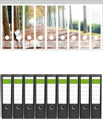Produktbild von Wallario 9 Stück breite Ordner inkl. Klebeetiketten mit Motive Einsame Parkbank an einer Allee - Herbststimmung -  Set mit Rückenschildern / Ordnerrücken Stickern