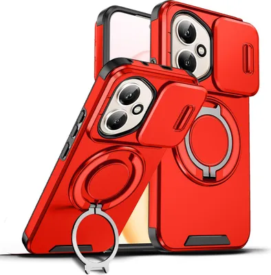 Immagine prodotto di Custodia a doppio strato per Honor 400, copertura scorrevole della fotocamera e supporto ad anello magnetico Rosso